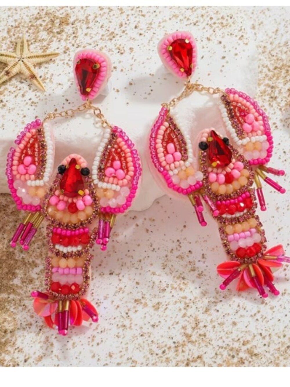 Beautiful Large Pink & Red Lobster Beaded‎ Statement Earrings (NEW & GORGEOUS!)